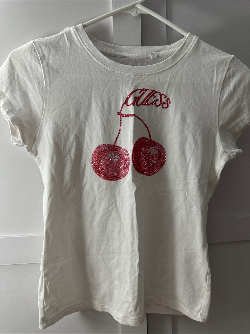 GUESS White Tee with Red Sequin Cherry Motif